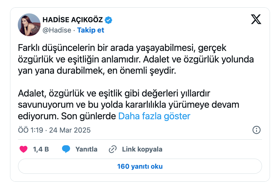 hadise den protestolara destek